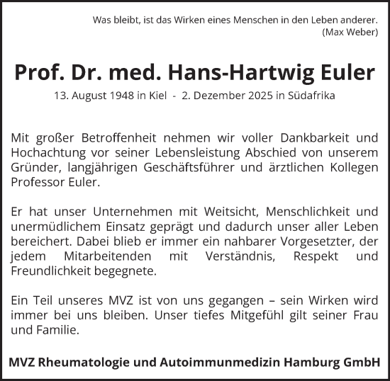 Traueranzeige von Hans-Hartwig Euler von Hamburger Abendblatt