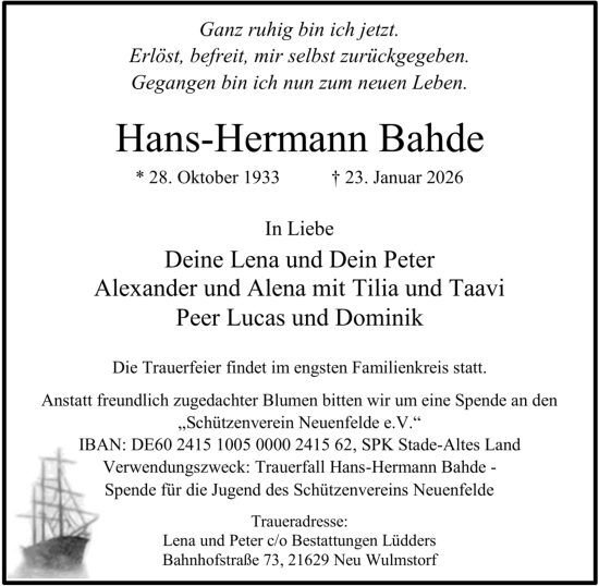 Traueranzeige von Hans-Hermann Bahde von Hamburger Abendblatt