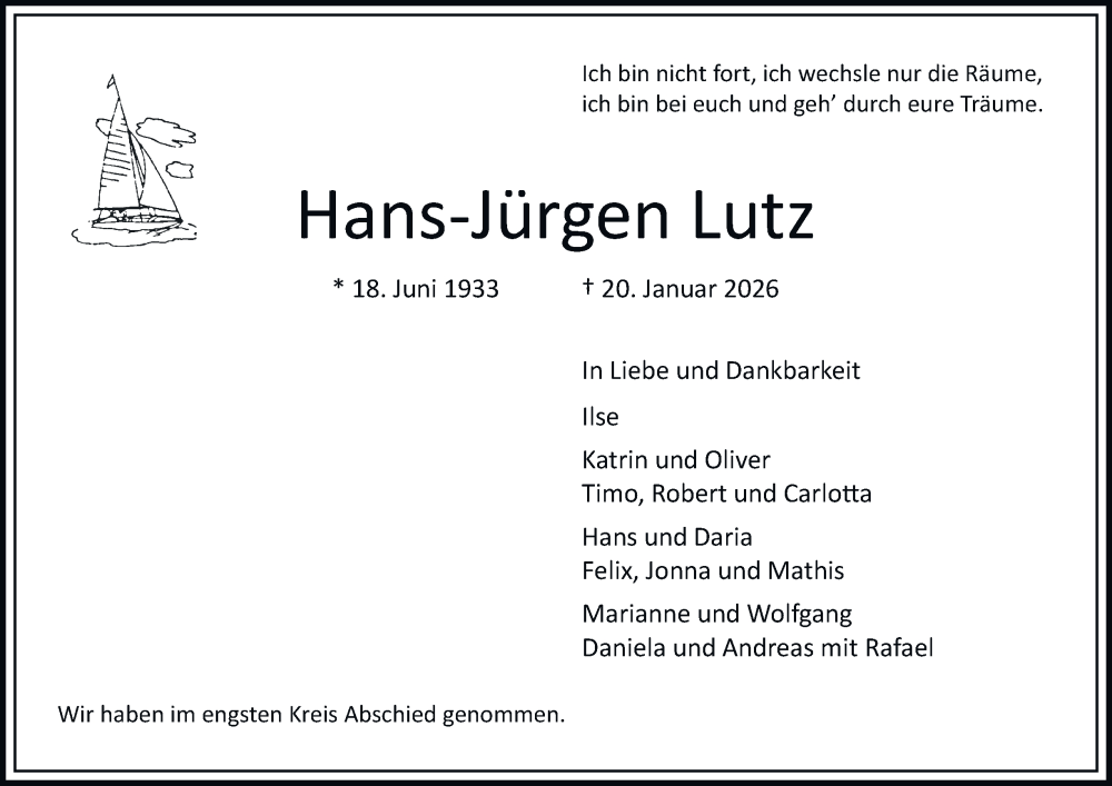  Traueranzeige für Hans-Jürgen Lutz vom 31.01.2026 aus Hamburger Abendblatt, Bergedorfer Zeitung