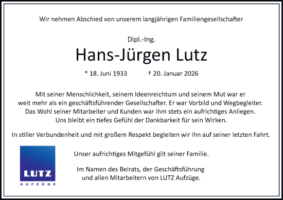 Traueranzeige von Hans-Jürgen Lutz von Hamburger Abendblatt