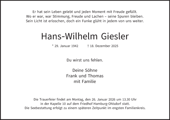 Traueranzeige von Hans-Wilhelm Giesler von Hamburger Abendblatt