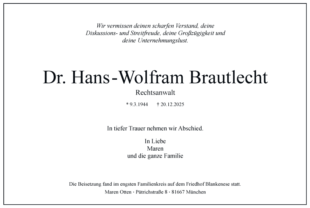  Traueranzeige für Hans-Wolfram Brautlecht vom 31.01.2026 aus Hamburger Abendblatt