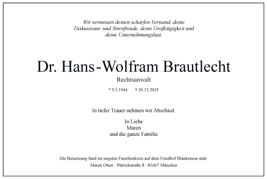 Traueranzeige von Hans-Wolfram Brautlecht von Hamburger Abendblatt