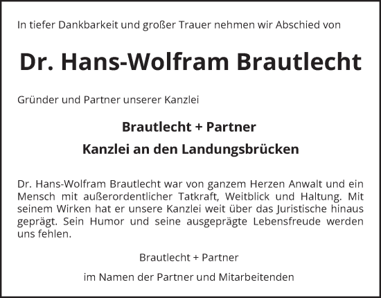 Traueranzeige von Hans-Wolfram Brautlecht von Hamburger Abendblatt