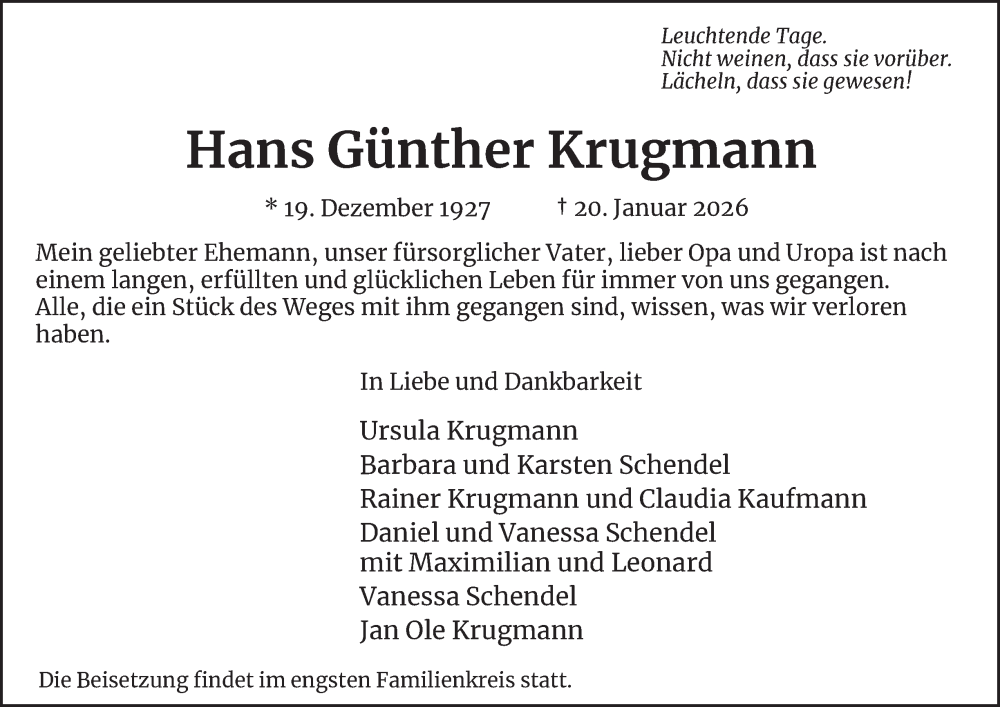  Traueranzeige für Hans Günther Krugmann vom 31.01.2026 aus Hamburger Abendblatt