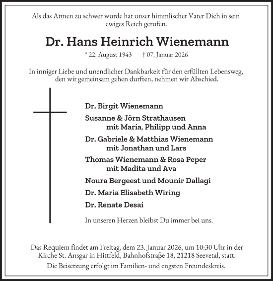 Traueranzeige von Hans Heinrich Wienemann von Hamburger Abendblatt