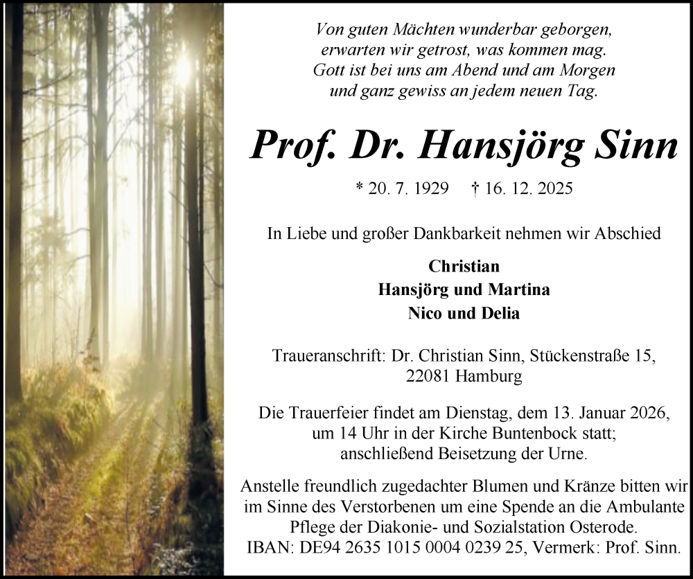  Traueranzeige für Hansjörg Sinn vom 10.01.2026 aus Hamburger Abendblatt