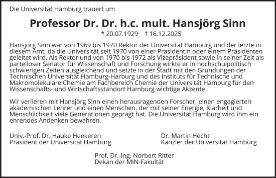 Traueranzeige von Hansjörg Sinn von Hamburger Abendblatt