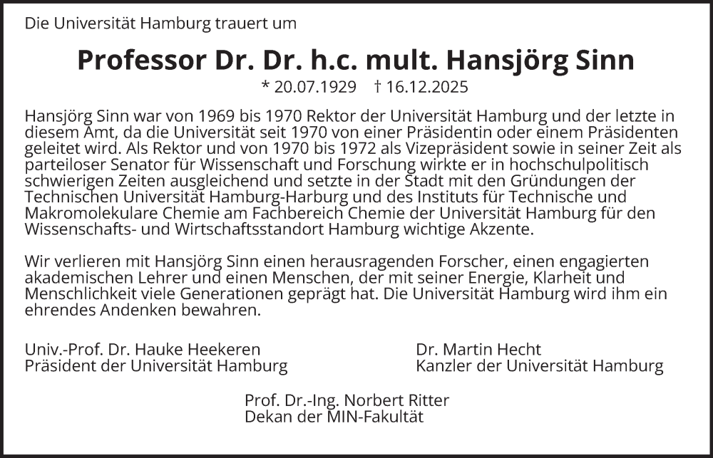  Traueranzeige für Hansjörg Sinn vom 10.01.2026 aus Hamburger Abendblatt