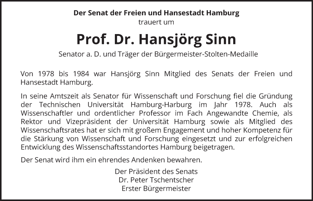  Traueranzeige für Hansjörg Sinn vom 10.01.2026 aus Hamburger Abendblatt
