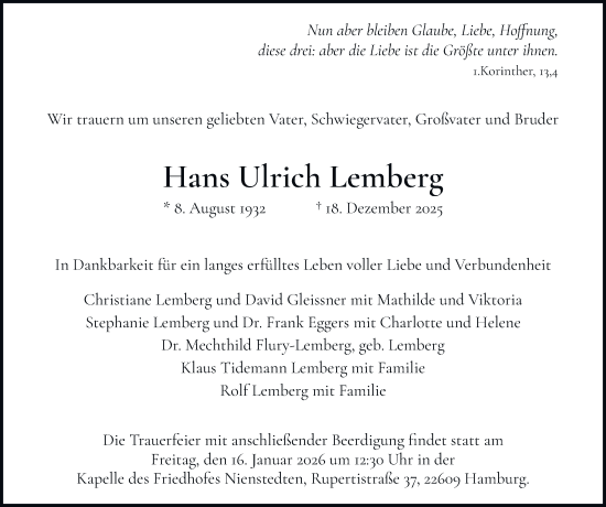 Traueranzeige von Hans Ulrich Lemberg von Hamburger Abendblatt