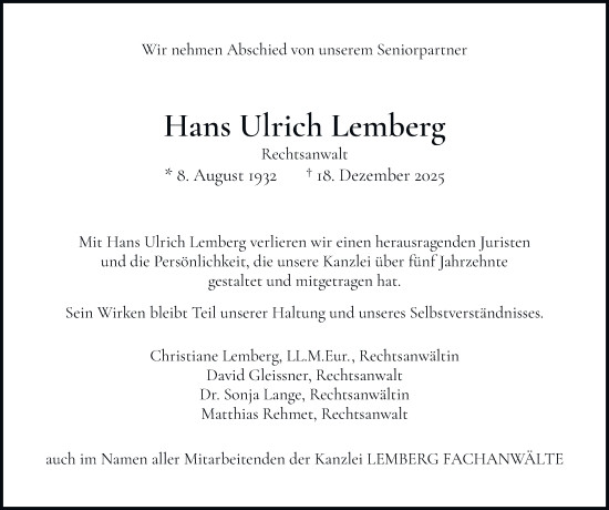 Traueranzeige von Hans Ulrich Lemberg von Hamburger Abendblatt