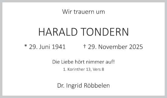 Traueranzeige von Harald Tondern von Hamburger Abendblatt