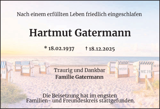 Traueranzeige von Hartmut Gatermann von Hamburger Abendblatt