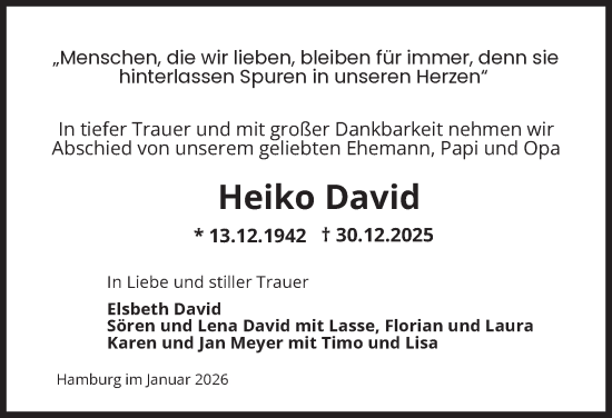 Traueranzeige von Heiko David von Hamburger Abendblatt