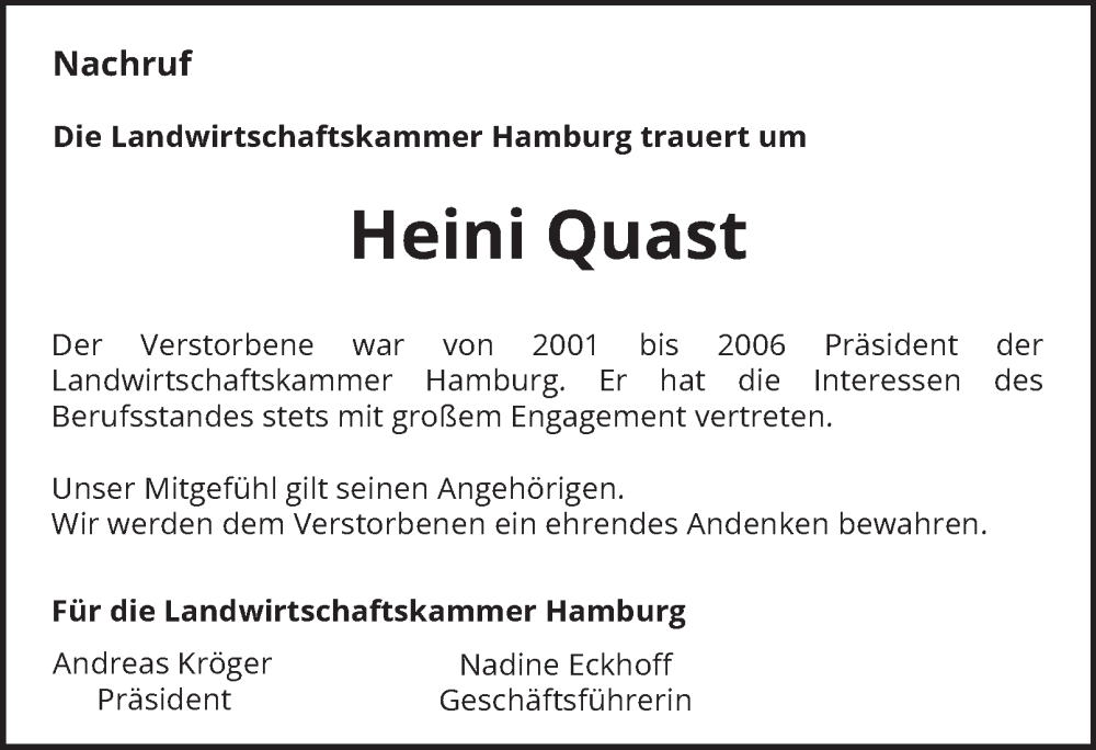  Traueranzeige für Heini Quast vom 24.01.2026 aus Hamburger Abendblatt