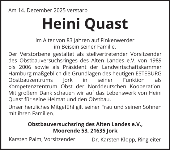 Traueranzeige von Heini Quast von Hamburger Abendblatt