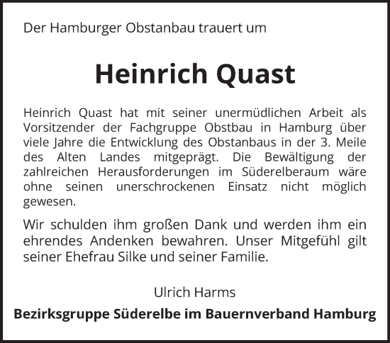 Traueranzeige von Heinrich Quast von Hamburger Abendblatt