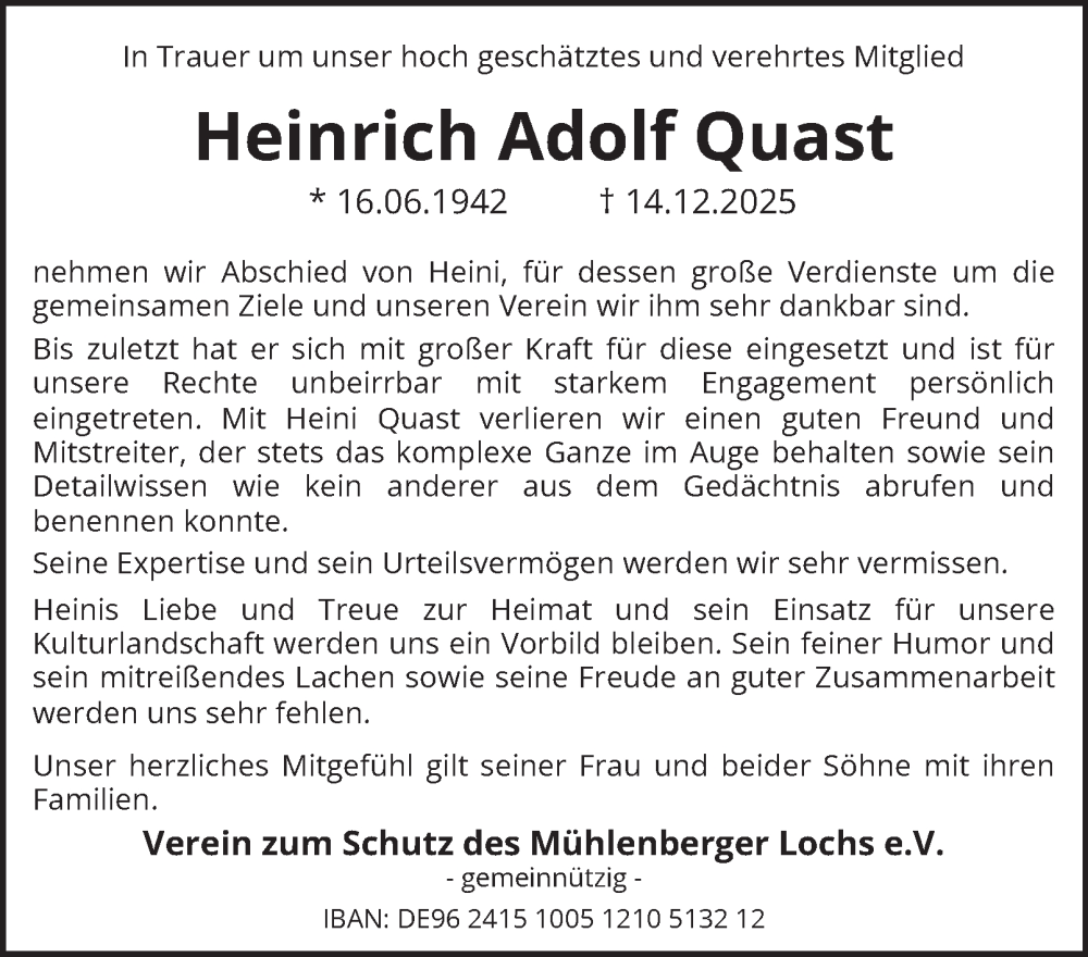  Traueranzeige für Heinrich Adolf Quast vom 24.01.2026 aus Hamburger Abendblatt