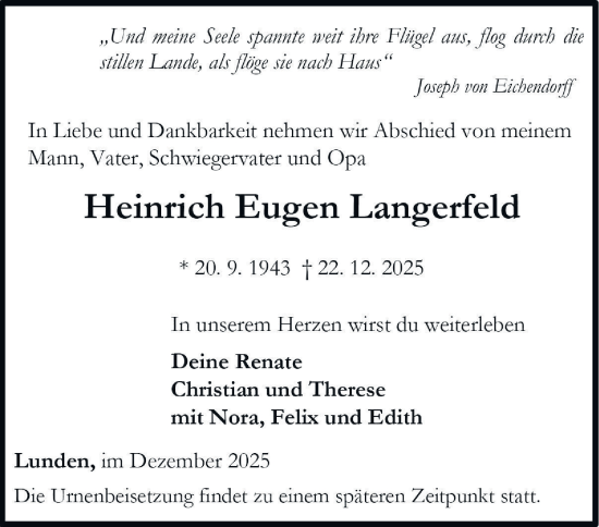 Traueranzeige von Heinrich Eugen Langerfeld von Hamburger Abendblatt