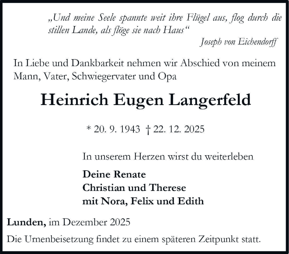  Traueranzeige für Heinrich Eugen Langerfeld vom 03.01.2026 aus Hamburger Abendblatt
