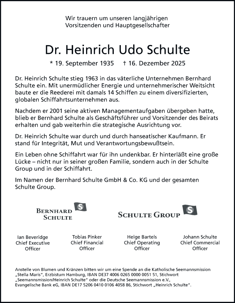  Traueranzeige für Heinrich Udo Schulte vom 03.01.2026 aus Hamburger Abendblatt