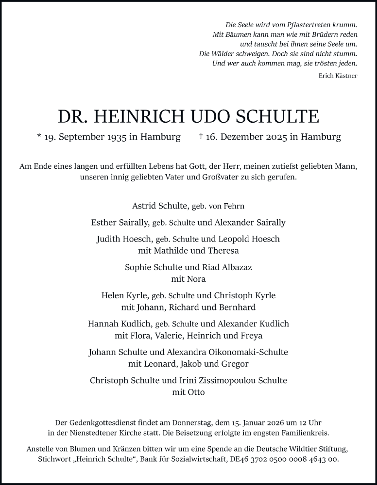  Traueranzeige für Heinrich Udo Schulte vom 03.01.2026 aus Hamburger Abendblatt