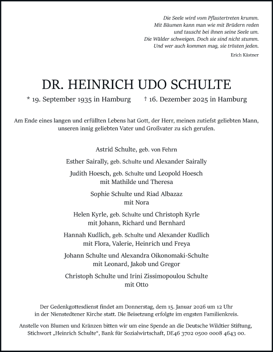 Traueranzeige von Heinrich Udo Schulte von Hamburger Abendblatt