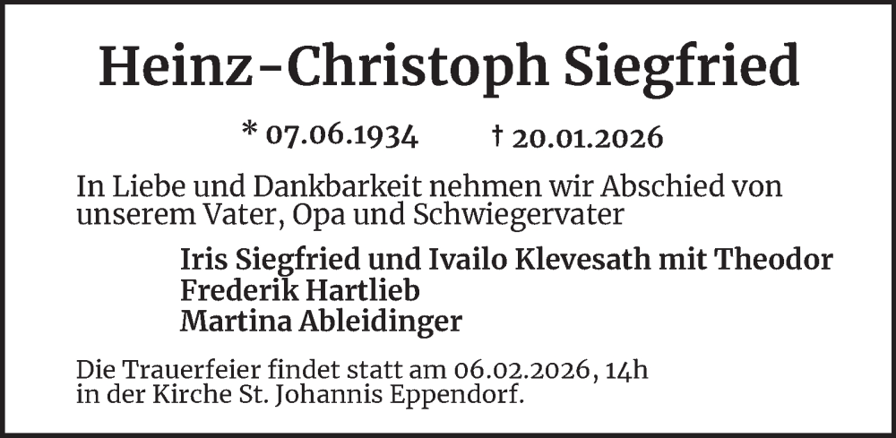 Traueranzeige für Heinz-Christoph Siegfried vom 31.01.2026 aus Hamburger Abendblatt