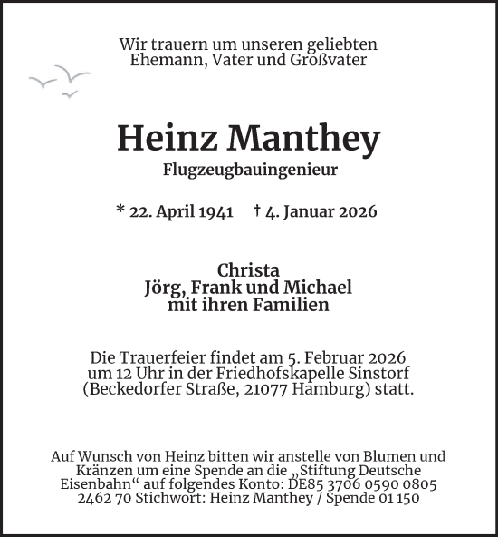 Traueranzeige von Heinz Manthey von Hamburger Abendblatt