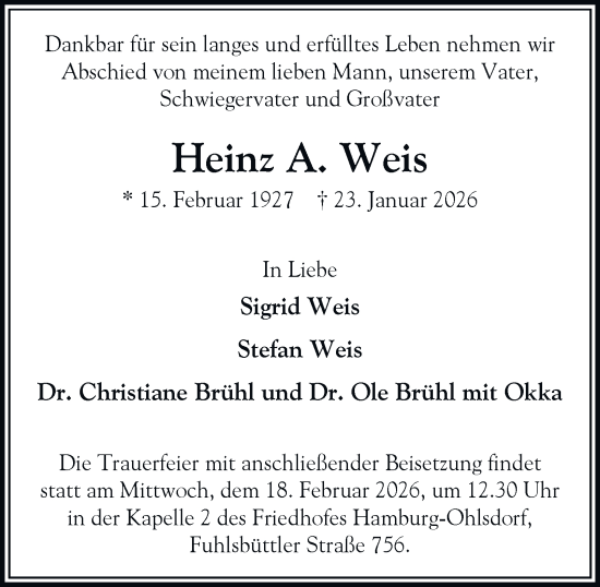 Traueranzeige von Heinz A. Weis von Hamburger Abendblatt