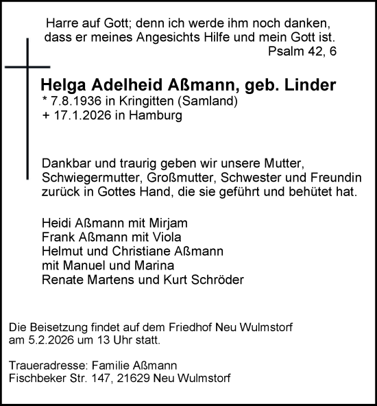 Traueranzeige von Helga Adelheid Aßmann von Hamburger Abendblatt