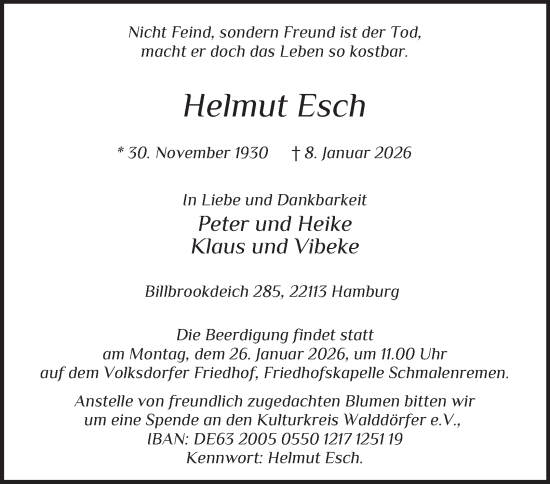 Traueranzeige von Helmut Esch von Hamburger Abendblatt