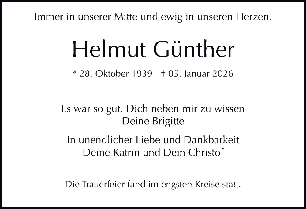  Traueranzeige für Helmut Günther vom 31.01.2026 aus Hamburger Abendblatt