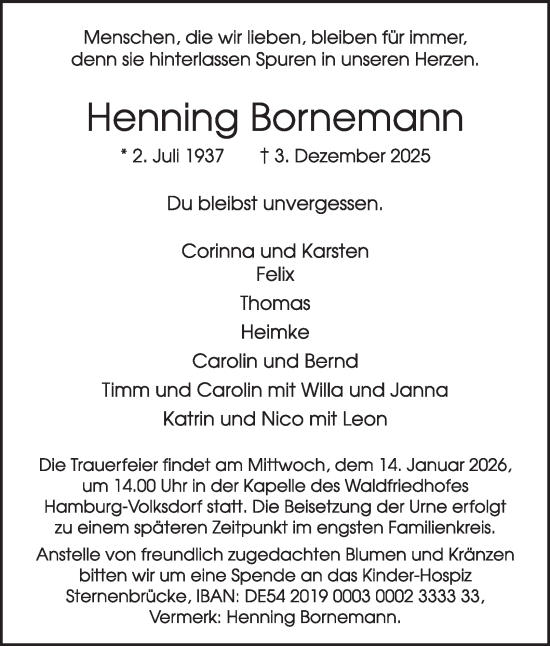 Traueranzeige von Henning Bornemann von Hamburger Abendblatt