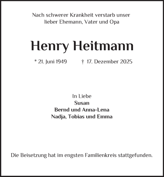 Traueranzeige von Henry Heitmann von Bergedorfer Zeitung