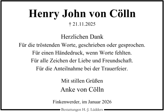Traueranzeige von Henry John von Cölln von Hamburger Abendblatt