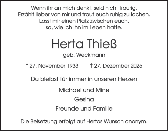 Traueranzeige von Herta Thiel von Hamburger Abendblatt