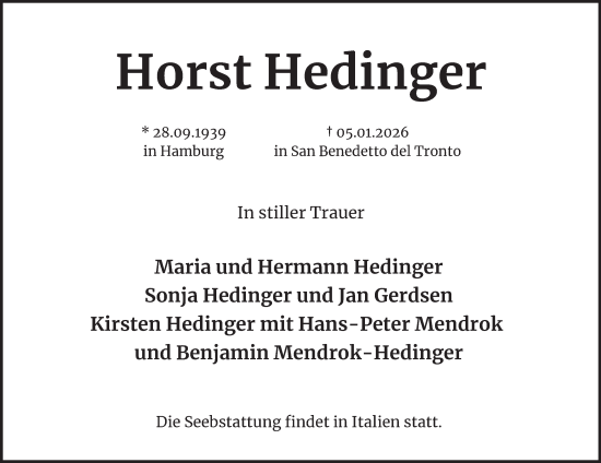 Traueranzeige von Horst Hedinger von Hamburger Abendblatt