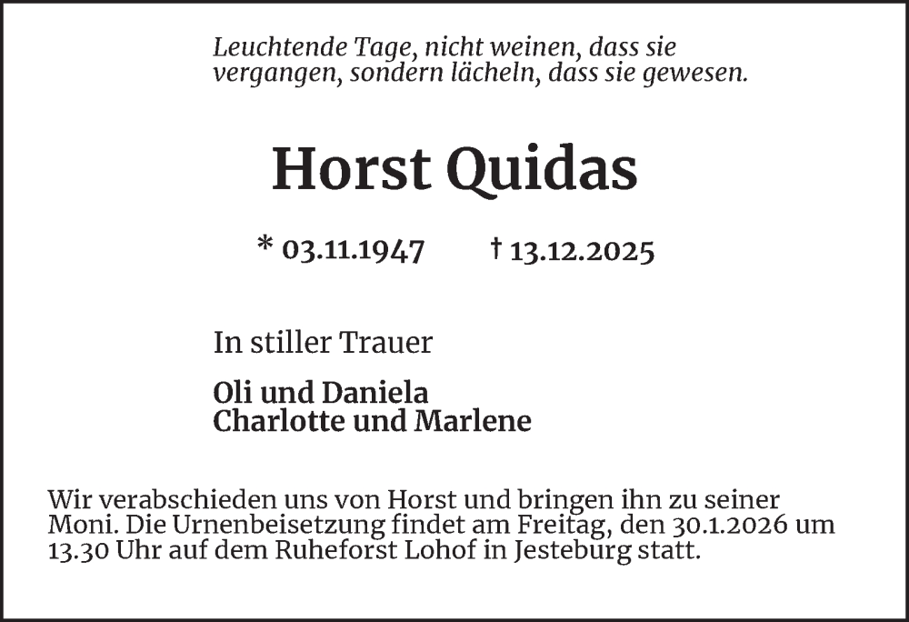 Traueranzeige für Horst Quidas vom 17.01.2026 aus Hamburger Abendblatt