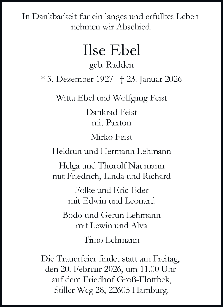  Traueranzeige für Ilse Ebel vom 31.01.2026 aus Hamburger Abendblatt