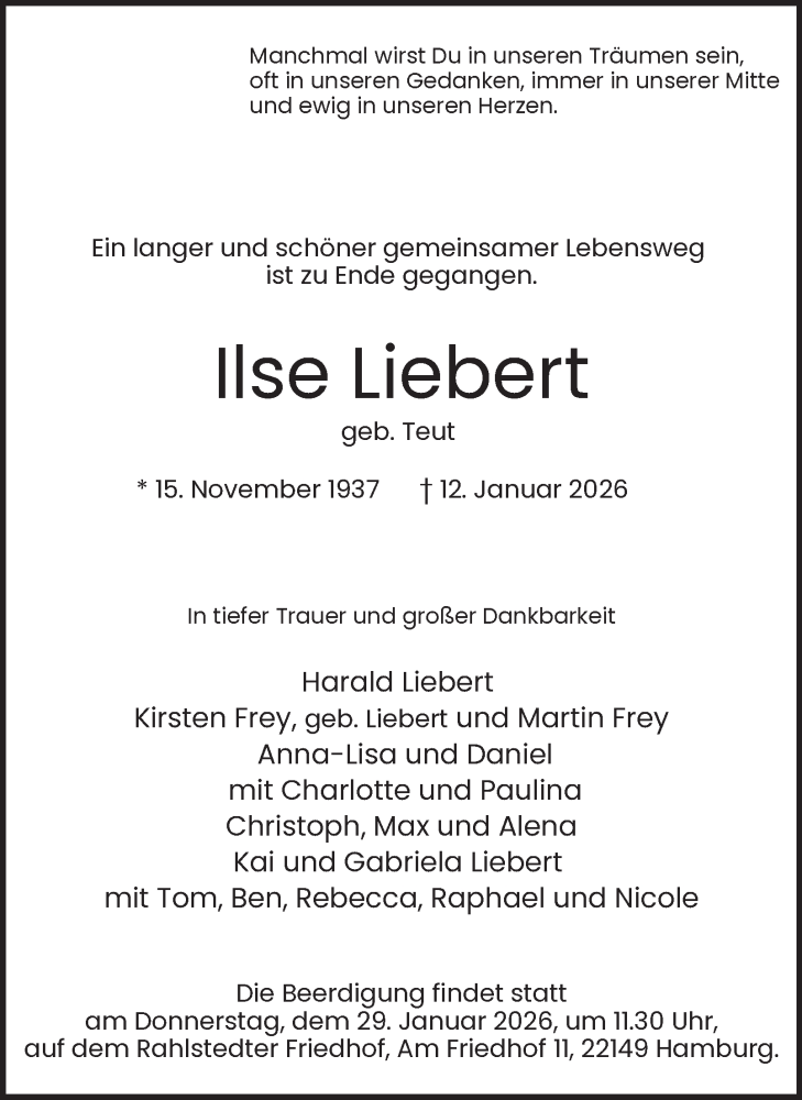  Traueranzeige für Ilse Liebert vom 24.01.2026 aus Hamburger Abendblatt