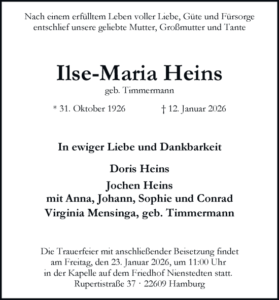 Traueranzeige von Ilse-Maria Heins von Hamburger Abendblatt