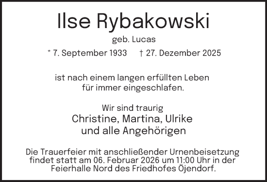 Traueranzeige von Ilse Rybakowski von Hamburger Abendblatt