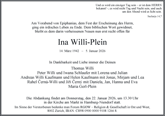 Traueranzeige von Ina Willi-Plein von Hamburger Abendblatt