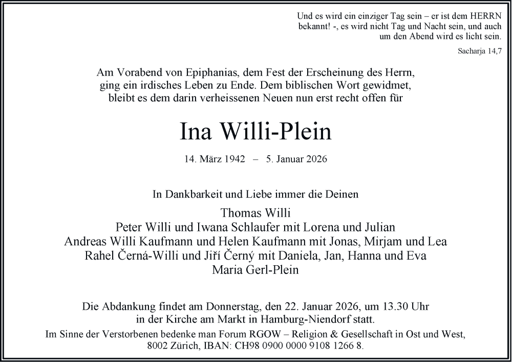  Traueranzeige für Ina Willi-Plein vom 17.01.2026 aus Hamburger Abendblatt