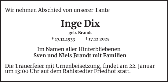 Traueranzeige von Inge Dix von Hamburger Abendblatt