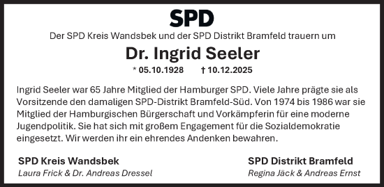 Traueranzeige von Ingrid Seeler von Hamburger Abendblatt