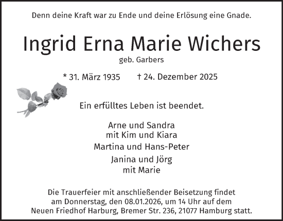 Traueranzeige von Ingrid Erna Marie Wichers von HA Regio Harburg