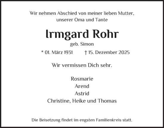 Traueranzeige von Irmgard Rohr 